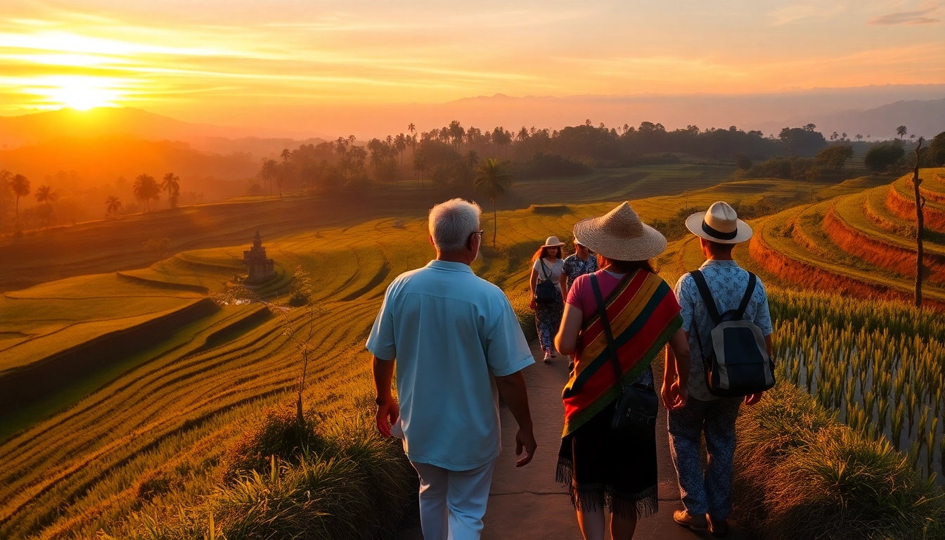 Guide leading travelers through lush rice terraces in Bali with scenic sunset views, emphasizing exploration and cultural richness.