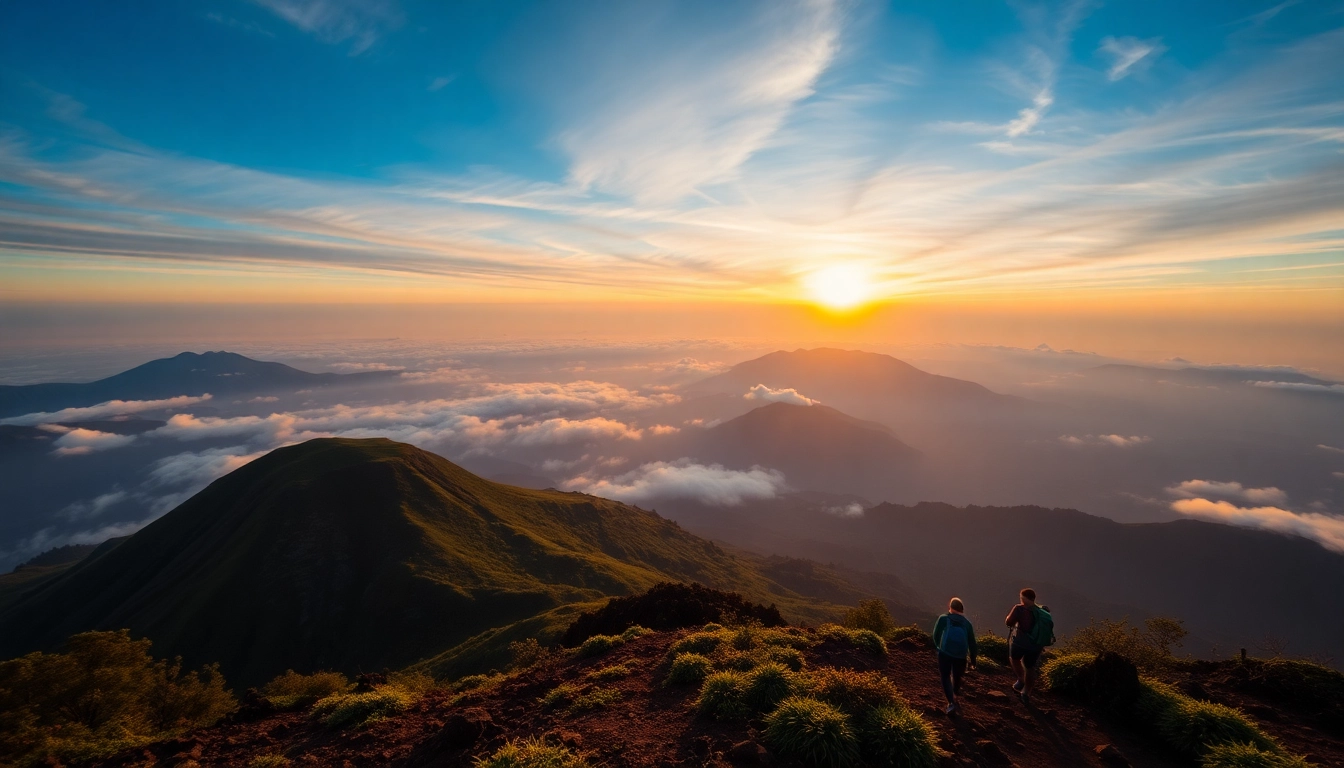 Hikers trekking near Mount Rinjani's volcanic crater with lush forest and mist, showcasing Indonesia’s iconic volcano.