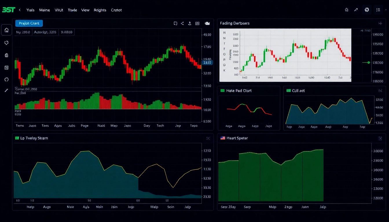 Trading view platform showing live market charts with technical indicators and trading tools